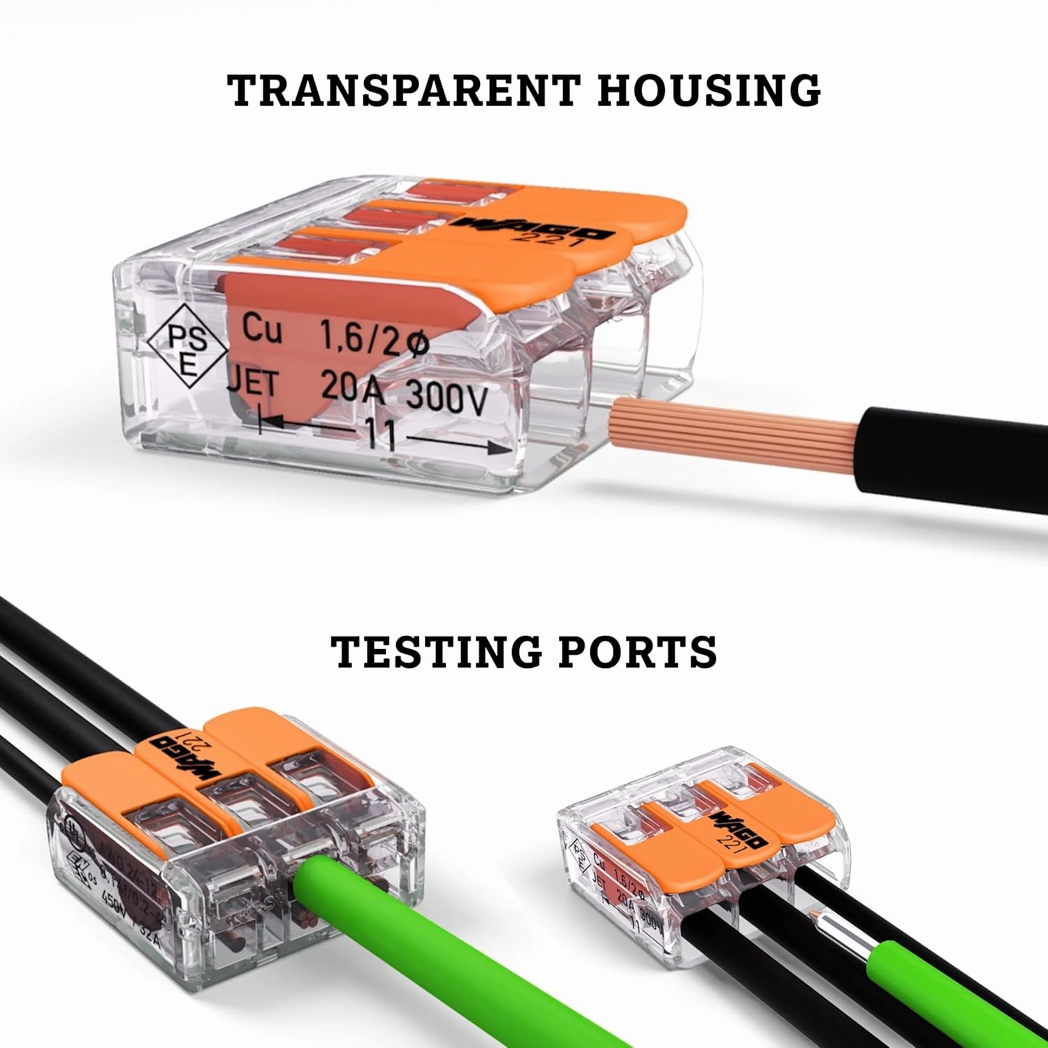 WAGO 221-413 Compact Lever-Nuts® Splicing Connectors, 3-Conductor, 24-12 AWG, 2500 pcs Bag
