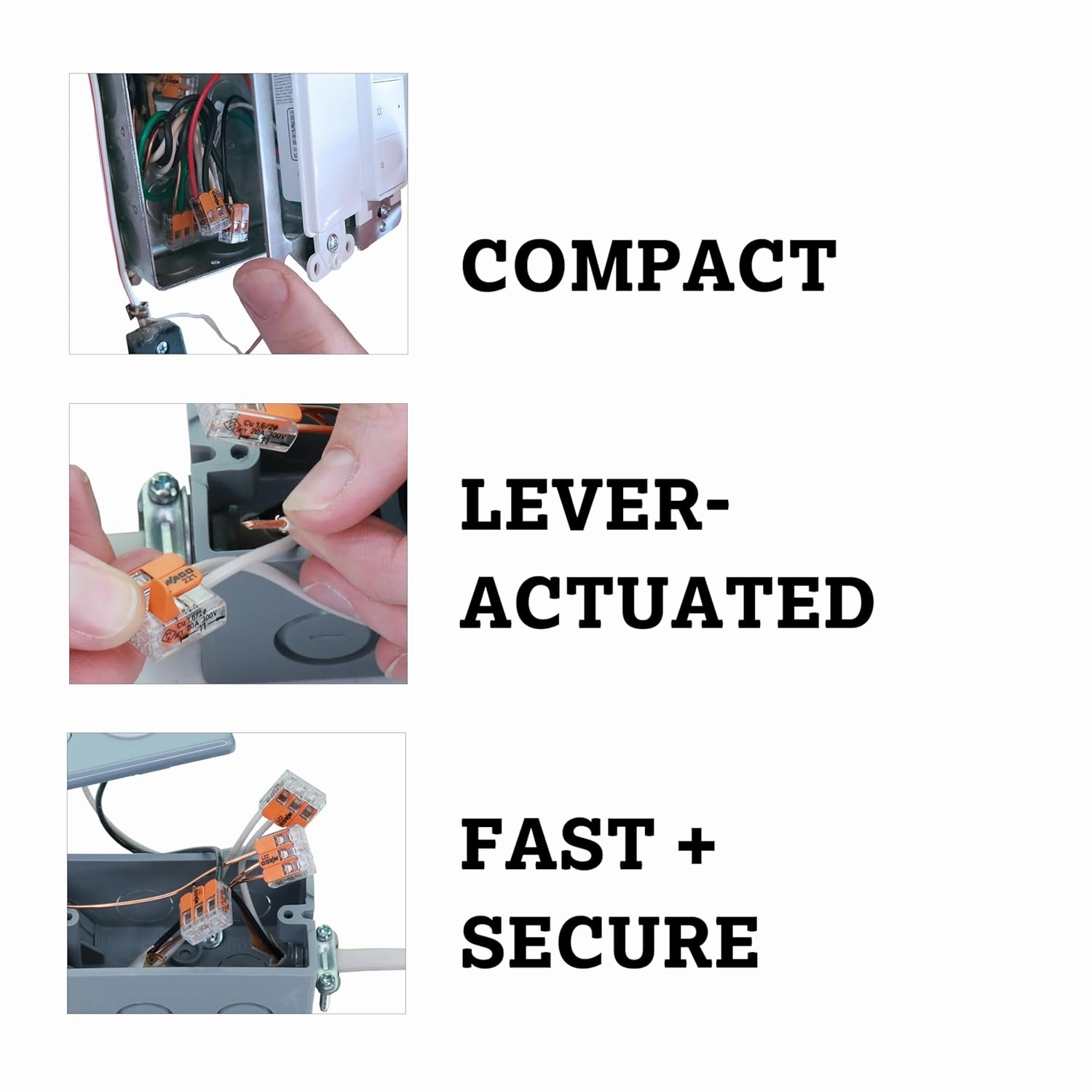 WAGO 221-413 Compact Lever-Nuts® Splicing Connectors, 3-Conductor, 24-12 AWG, 2500 pcs Bag