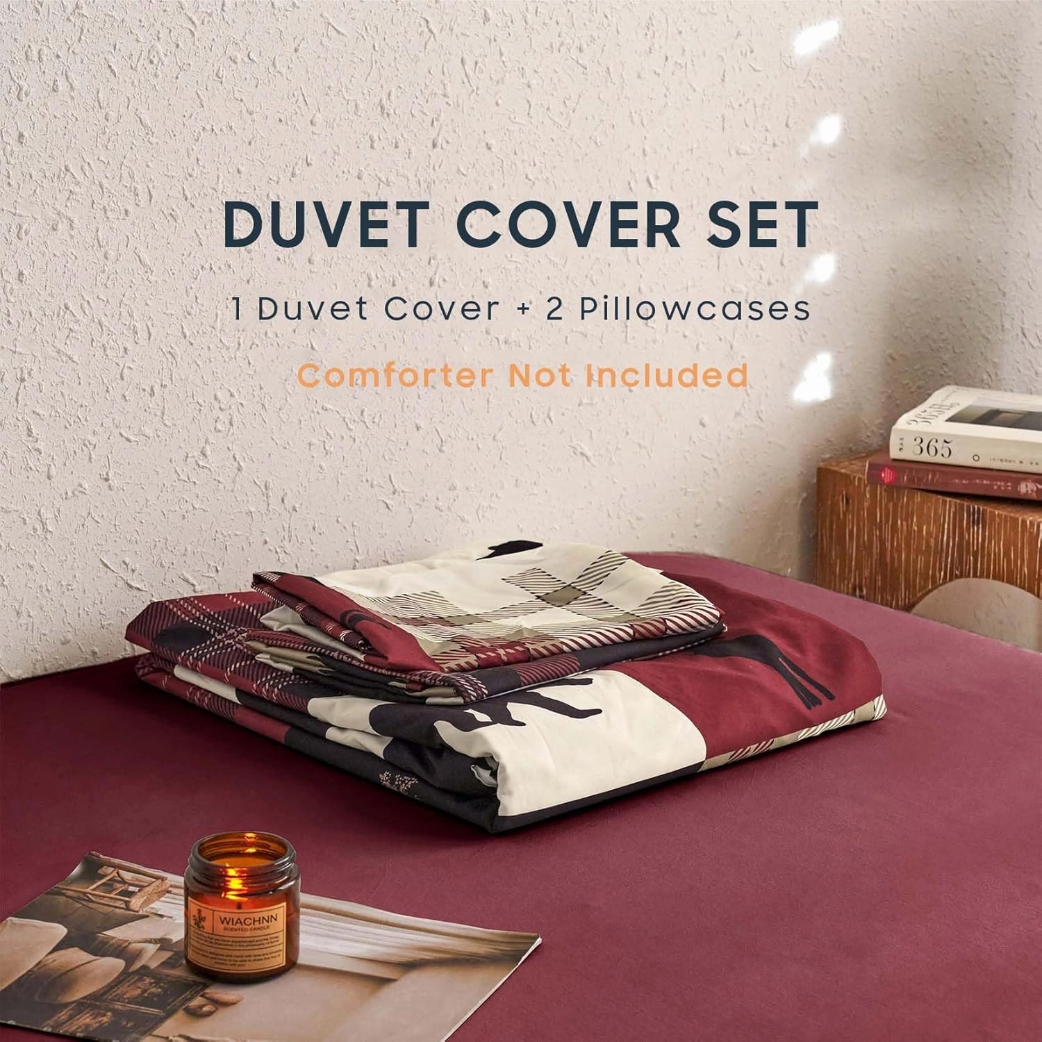 Wake In Cloud - Rustic Duvet Cover Set, Cabin Christmas Lodge Western Country Bear Deer Holiday RV Outdoor Winter Theme, Soft Lightweight Bedding, 3-Piece, Burgundy Black, Queen Size