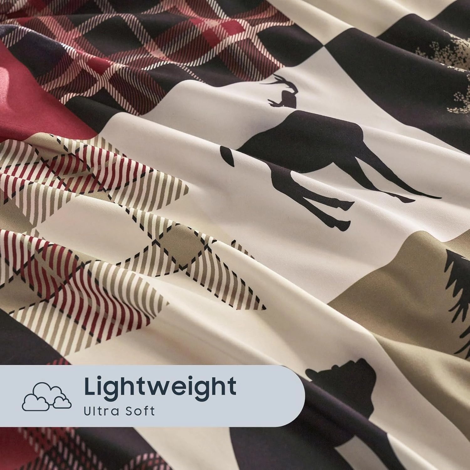 Wake In Cloud - Rustic Duvet Cover Set, Cabin Christmas Lodge Western Country Bear Deer Holiday RV Outdoor Winter Theme, Soft Lightweight Bedding, 3-Piece, Burgundy Black, Queen Size