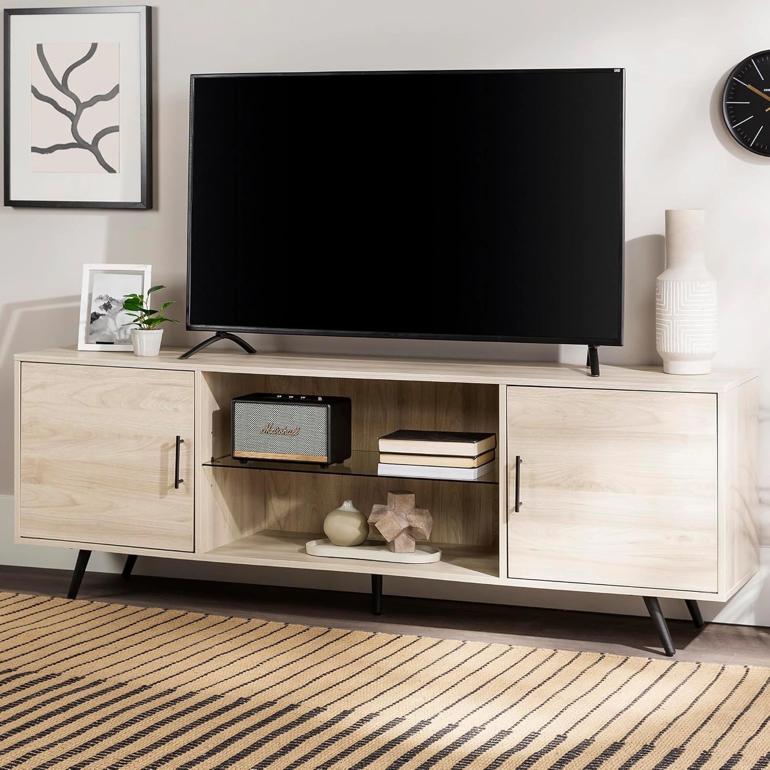 Walker Edison Saxon Mid Century Modern 2 Door Glass Shelf TV Stand for TVs up to 80 Inches, 70 Inch, Birch