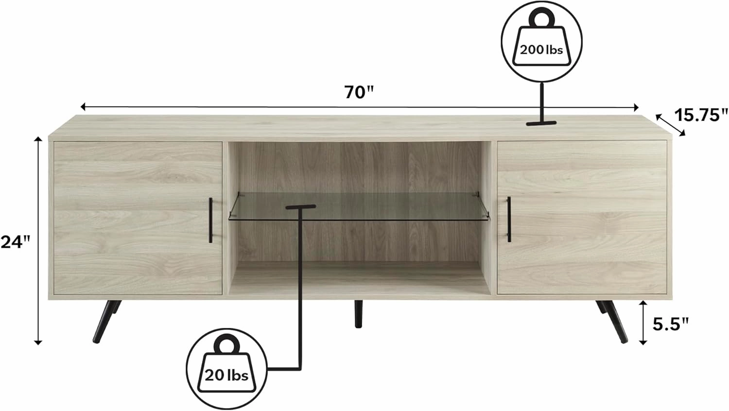 Walker Edison Saxon Mid Century Modern 2 Door Glass Shelf TV Stand for TVs up to 80 Inches, 70 Inch, Birch