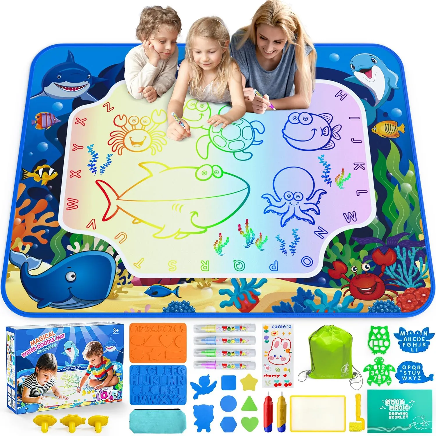 Water Doodle Mat for Kids 32x40 Inch, Reusable Coloring Mat Educational Toy for 3 4 5 6 7 8 Years Old Girls & Boys, Neon Color Mat Doodle Board Writing Drawing Toys Holiday Christmas Birthday Gifts