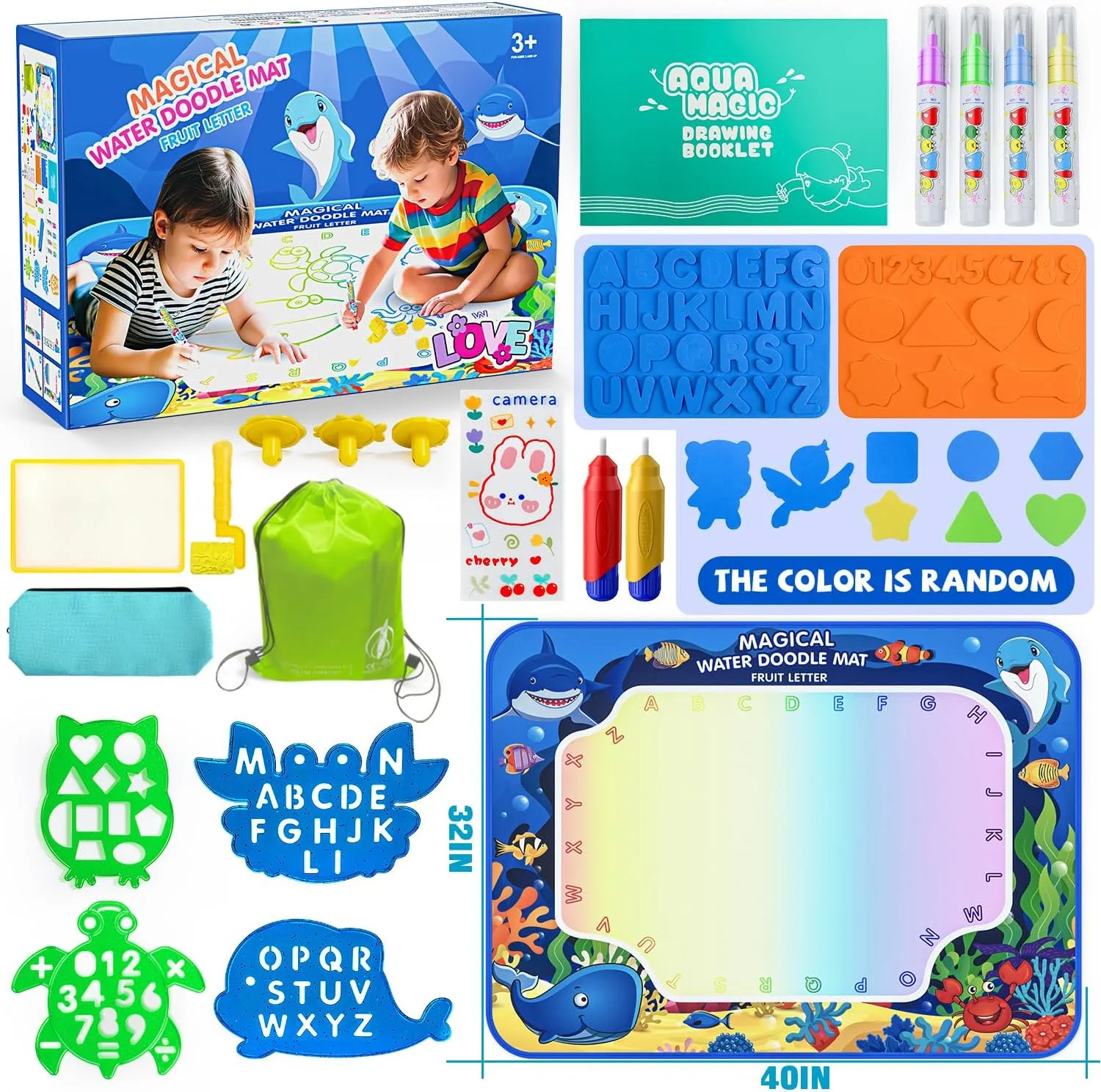 Water Doodle Mat for Kids 32x40 Inch, Reusable Coloring Mat Educational Toy for 3 4 5 6 7 8 Years Old Girls & Boys, Neon Color Mat Doodle Board Writing Drawing Toys Holiday Christmas Birthday Gifts