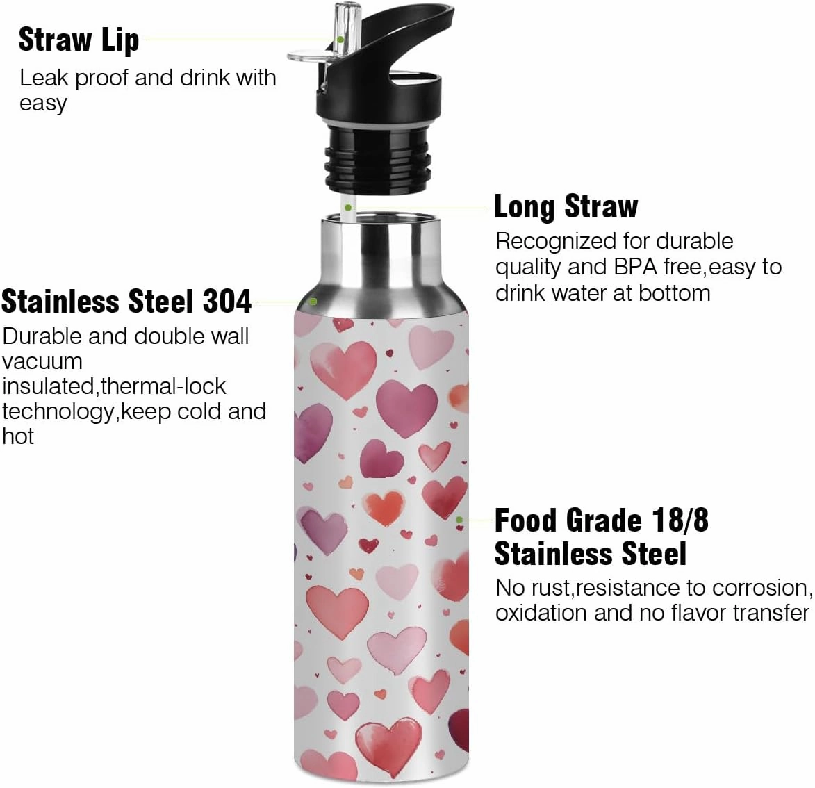 Water Bottle Stainless Steel, Colorful Heart Love Insulated Sports Bottle with Straw, BPA Free Reusable Bottles for Fitness, Travel & Outdoor Activities