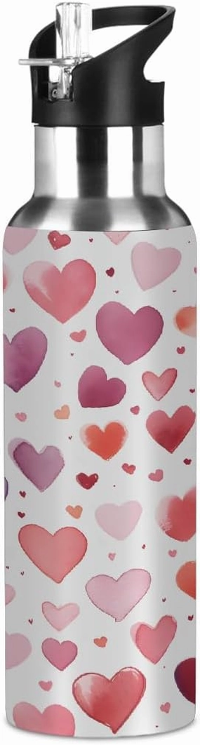Water Bottle Stainless Steel, Colorful Heart Love Insulated Sports Bottle with Straw, BPA Free Reusable Bottles for Fitness, Travel & Outdoor Activities