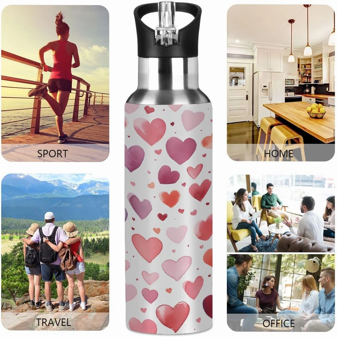Water Bottle Stainless Steel, Colorful Heart Love Insulated Sports Bottle with Straw, BPA Free Reusable Bottles for Fitness, Travel & Outdoor Activities