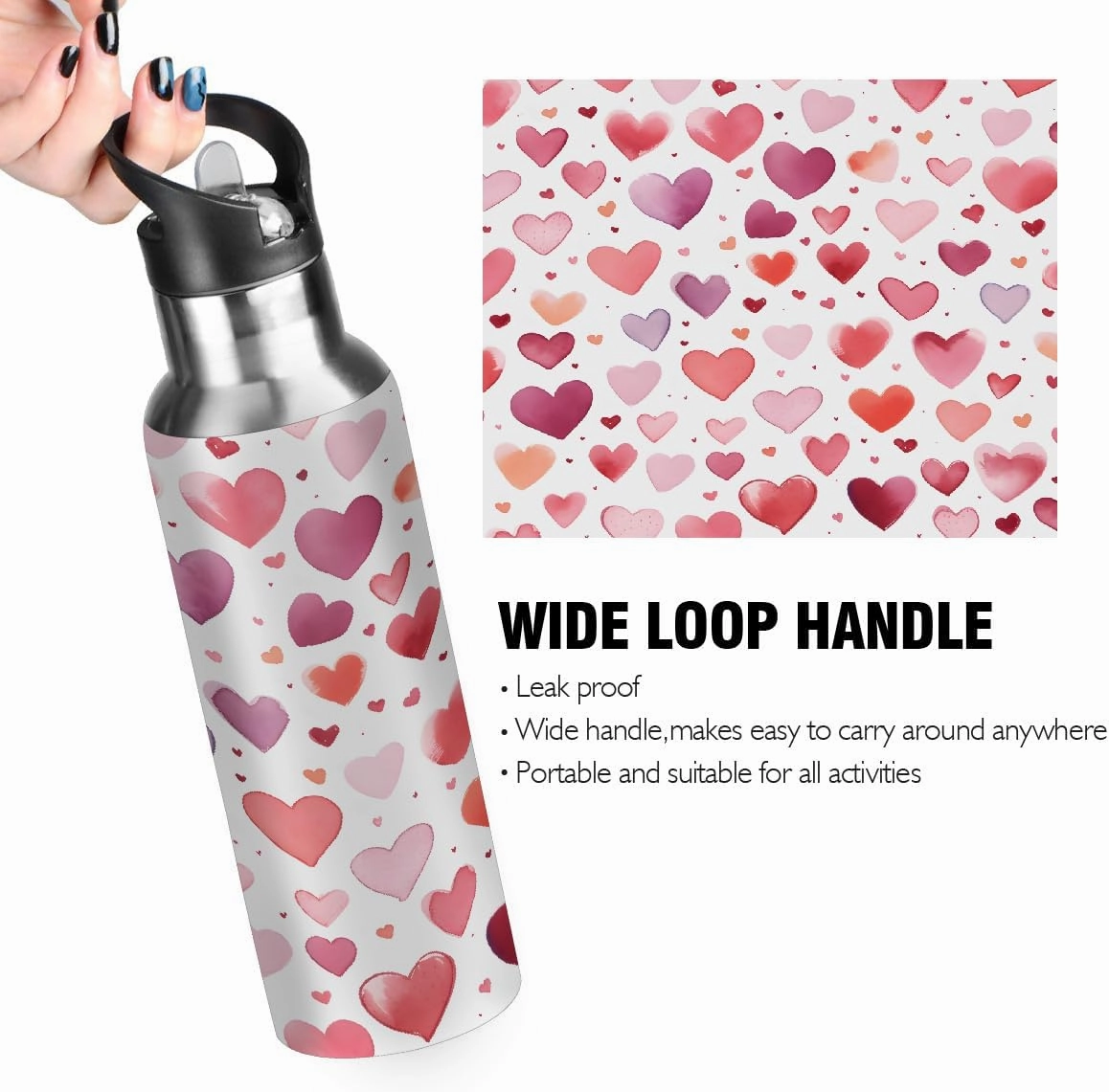 Water Bottle Stainless Steel, Colorful Heart Love Insulated Sports Bottle with Straw, BPA Free Reusable Bottles for Fitness, Travel & Outdoor Activities