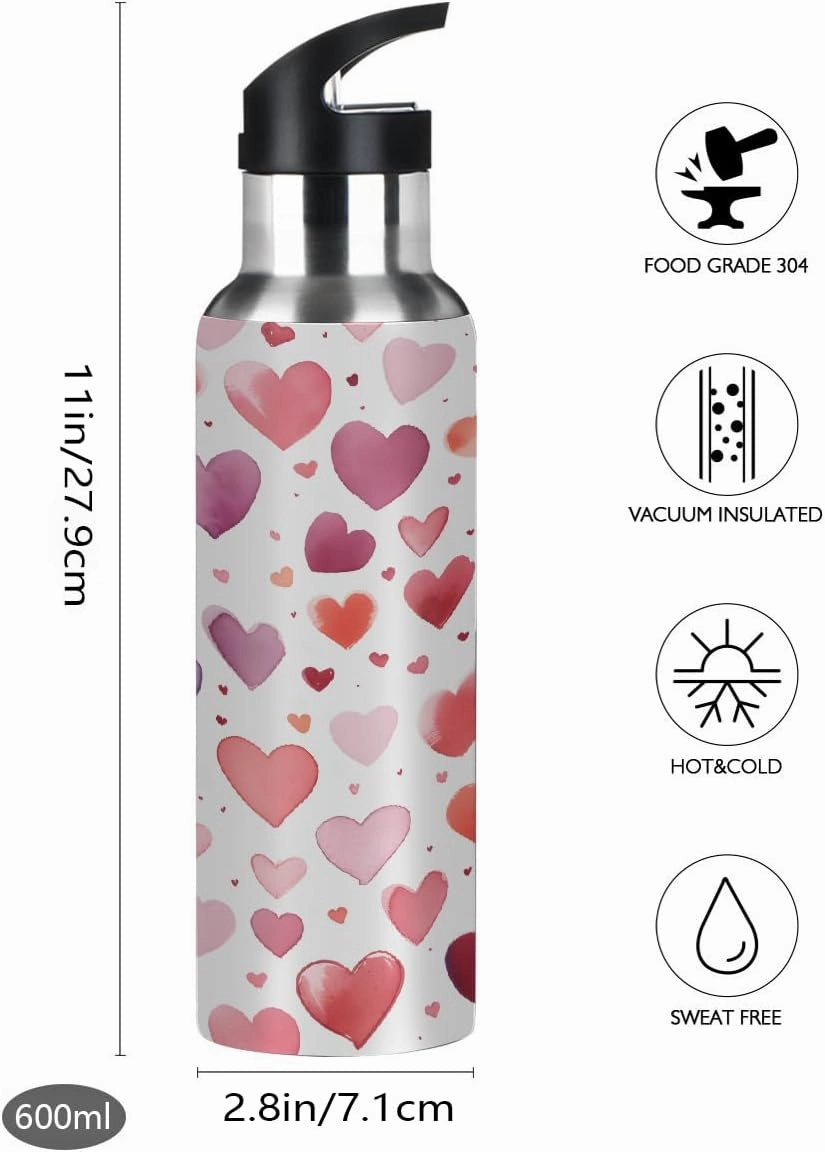 Water Bottle Stainless Steel, Colorful Heart Love Insulated Sports Bottle with Straw, BPA Free Reusable Bottles for Fitness, Travel & Outdoor Activities
