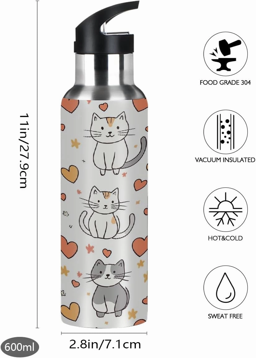 Water Bottle Stainless Steel, Cute Cat Heart Insulated Sports Bottle with Straw, BPA Free Reusable Bottles for Fitness, Travel & Outdoor Activities