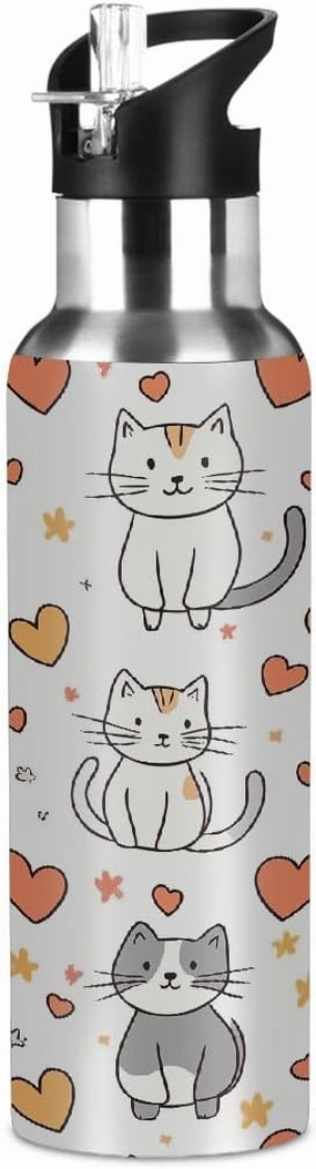 Water Bottle Stainless Steel, Cute Cat Heart Insulated Sports Bottle with Straw, BPA Free Reusable Bottles for Fitness, Travel & Outdoor Activities