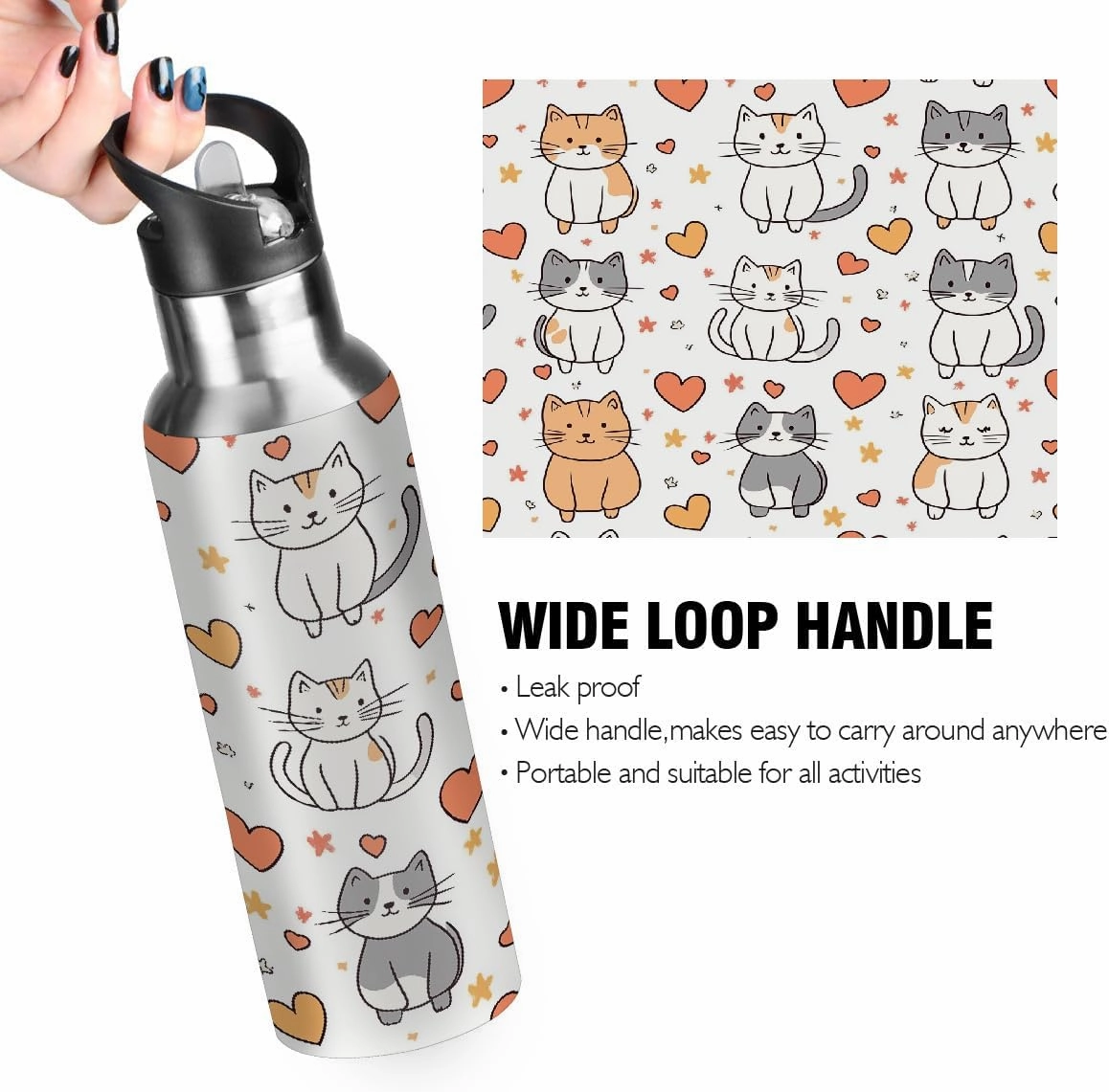 Water Bottle Stainless Steel, Cute Cat Heart Insulated Sports Bottle with Straw, BPA Free Reusable Bottles for Fitness, Travel & Outdoor Activities