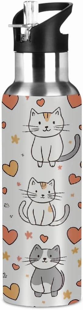 Water Bottle Stainless Steel, Cute Cat Heart Insulated Sports Bottle with Straw, BPA Free Reusable Bottles for Fitness, Travel & Outdoor Activities
