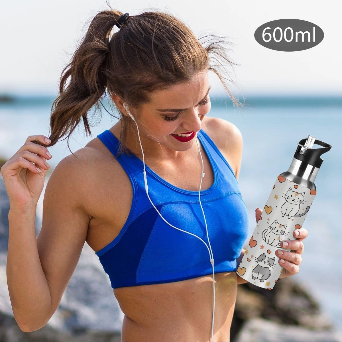 Water Bottle Stainless Steel, Cute Cat Heart Insulated Sports Bottle with Straw, BPA Free Reusable Bottles for Fitness, Travel & Outdoor Activities