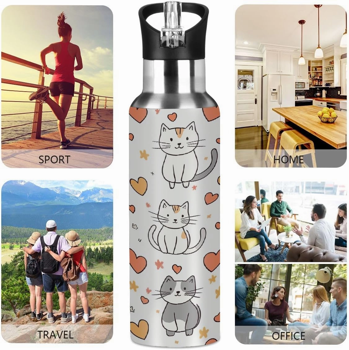Water Bottle Stainless Steel, Cute Cat Heart Insulated Sports Bottle with Straw, BPA Free Reusable Bottles for Fitness, Travel & Outdoor Activities
