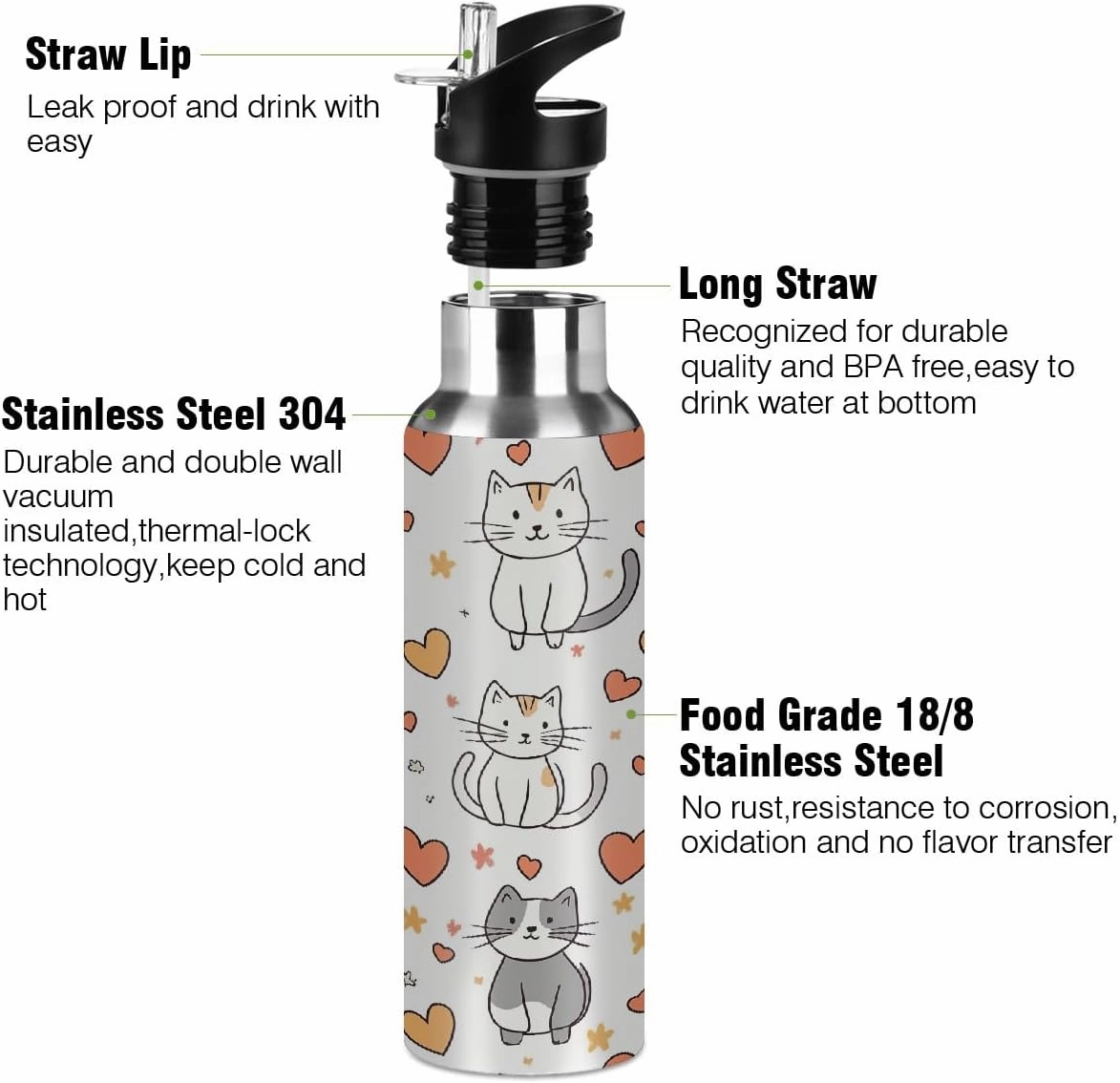 Water Bottle Stainless Steel, Cute Cat Heart Insulated Sports Bottle with Straw, BPA Free Reusable Bottles for Fitness, Travel & Outdoor Activities