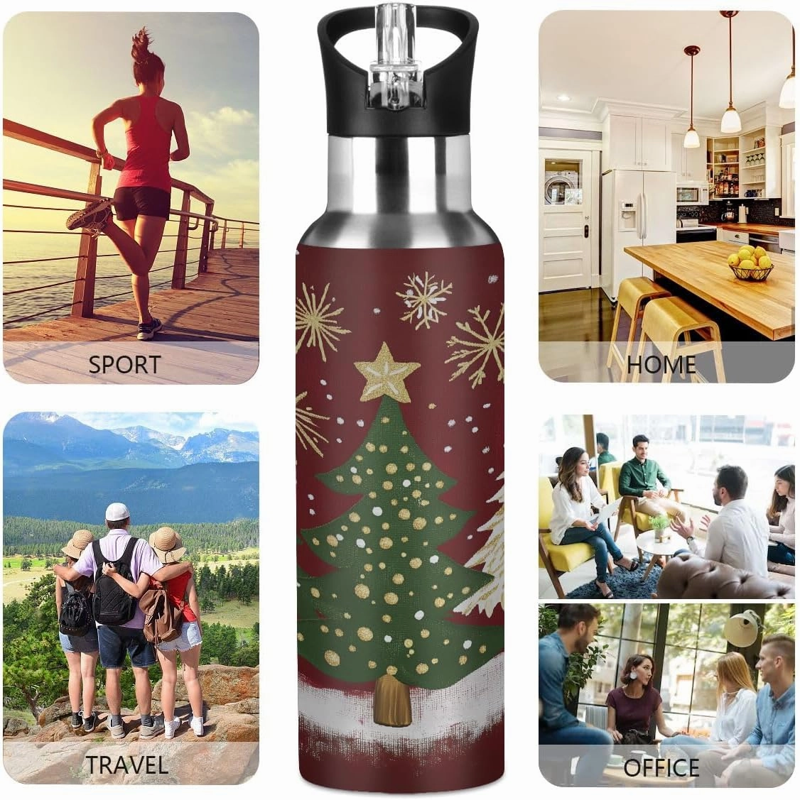 Water Bottle Stainless Steel, Four Christmas Tree Insulated Sports Bottle with Straw, BPA Free Reusable Bottles for Fitness, Travel & Outdoor Activities