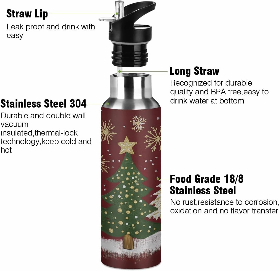Water Bottle Stainless Steel, Four Christmas Tree Insulated Sports Bottle with Straw, BPA Free Reusable Bottles for Fitness, Travel & Outdoor Activities