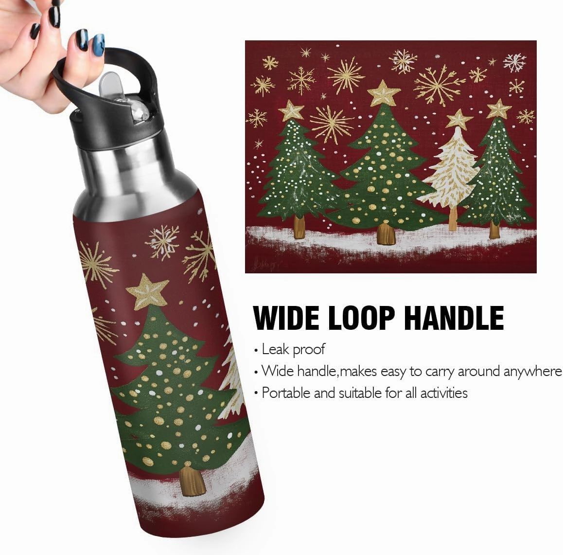 Water Bottle Stainless Steel, Four Christmas Tree Insulated Sports Bottle with Straw, BPA Free Reusable Bottles for Fitness, Travel & Outdoor Activities