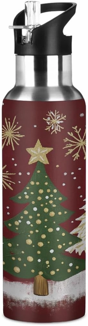 Water Bottle Stainless Steel, Four Christmas Tree Insulated Sports Bottle with Straw, BPA Free Reusable Bottles for Fitness, Travel & Outdoor Activities