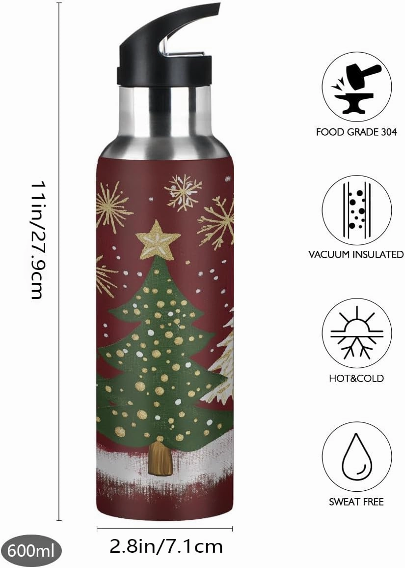 Water Bottle Stainless Steel, Four Christmas Tree Insulated Sports Bottle with Straw, BPA Free Reusable Bottles for Fitness, Travel & Outdoor Activities