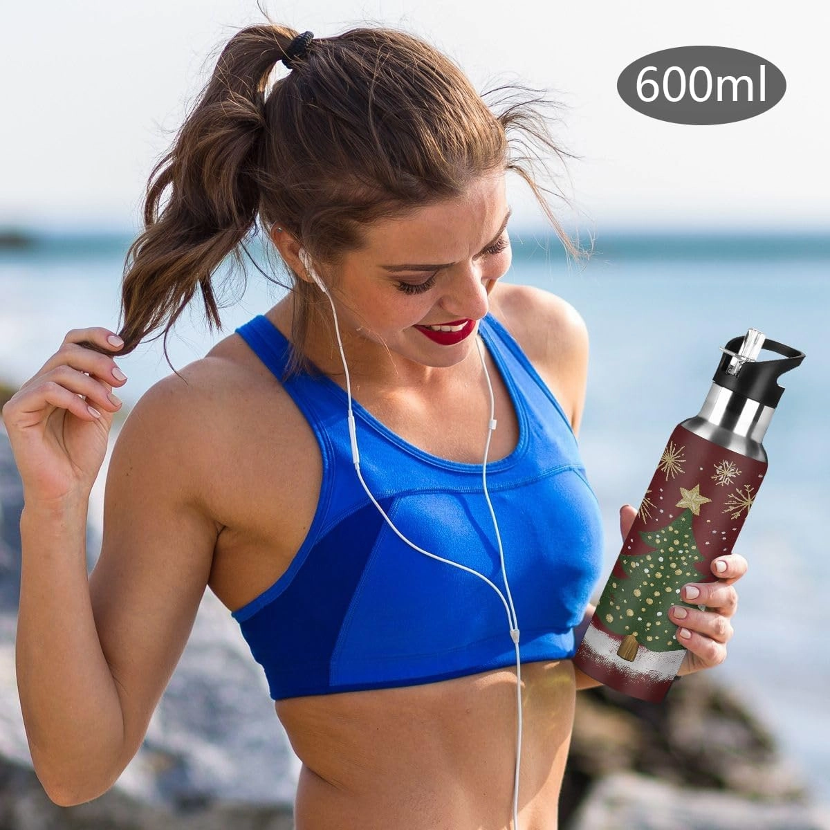 Water Bottle Stainless Steel, Four Christmas Tree Insulated Sports Bottle with Straw, BPA Free Reusable Bottles for Fitness, Travel & Outdoor Activities