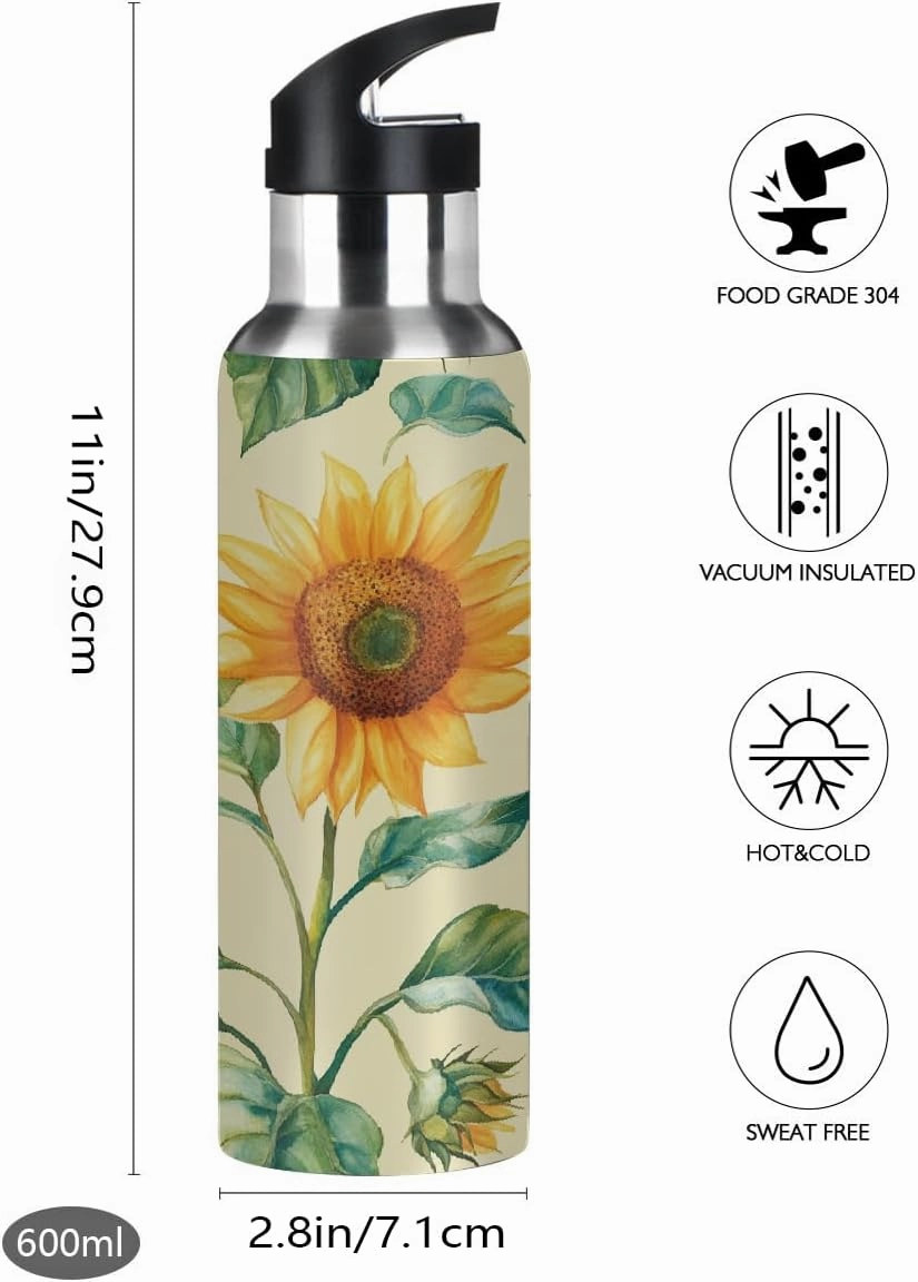 Water Bottle Stainless Steel, Sunflower Butterfly Insulated Sports Bottle with Straw, BPA Free Reusable Bottles for Fitness, Travel & Outdoor Activities