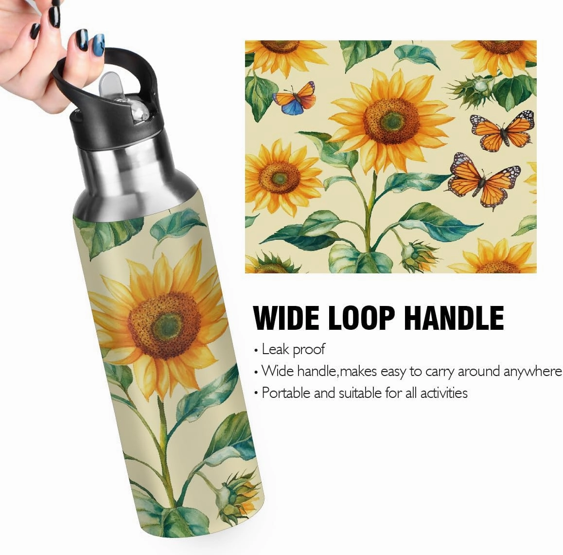 Water Bottle Stainless Steel, Sunflower Butterfly Insulated Sports Bottle with Straw, BPA Free Reusable Bottles for Fitness, Travel & Outdoor Activities