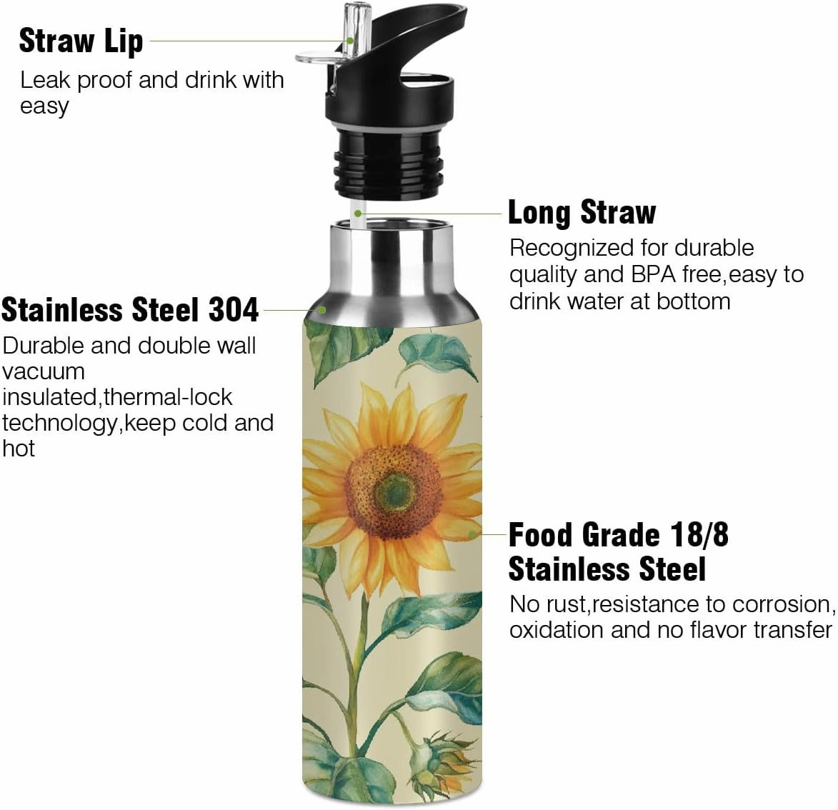 Water Bottle Stainless Steel, Sunflower Butterfly Insulated Sports Bottle with Straw, BPA Free Reusable Bottles for Fitness, Travel & Outdoor Activities