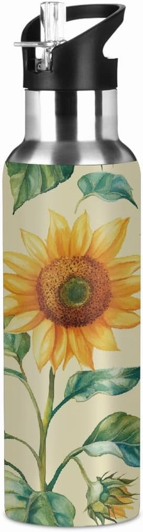 Water Bottle Stainless Steel, Sunflower Butterfly Insulated Sports Bottle with Straw, BPA Free Reusable Bottles for Fitness, Travel & Outdoor Activities