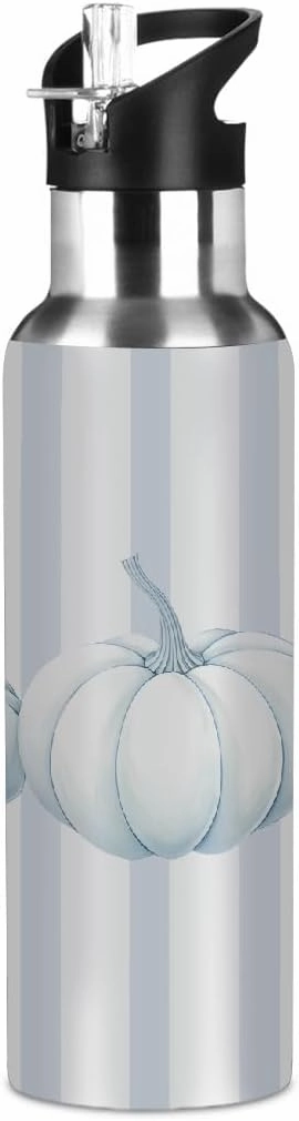 Water Bottle Stainless Steel, Thanksgiving Blue Striped Pumpkin Insulated Sports Bottle with Straw, BPA Free Reusable Bottles for Fitness, Travel & Outdoor Activities