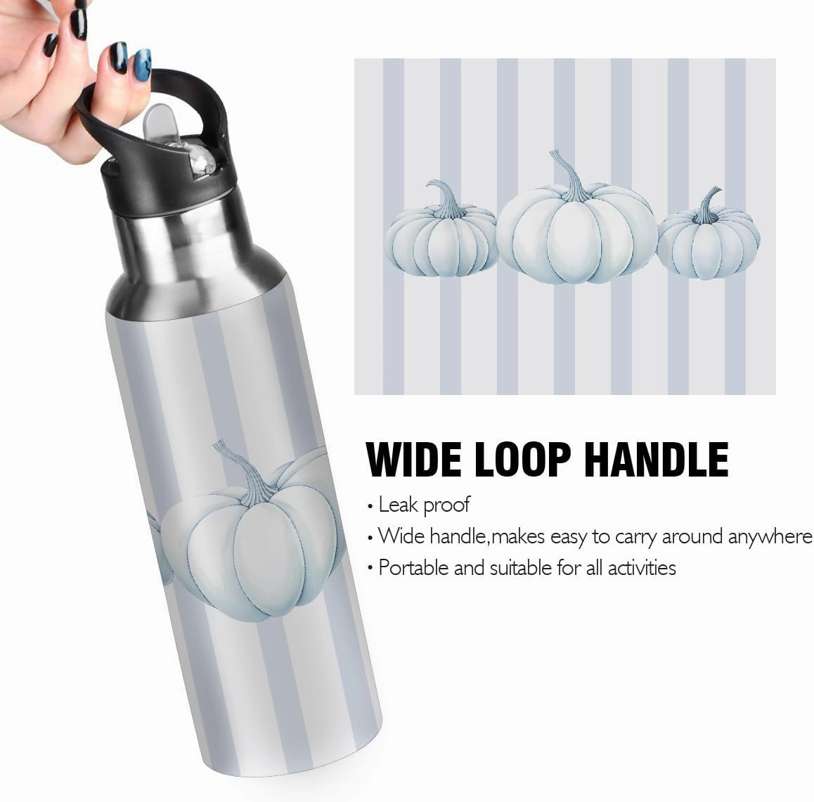 Water Bottle Stainless Steel, Thanksgiving Blue Striped Pumpkin Insulated Sports Bottle with Straw, BPA Free Reusable Bottles for Fitness, Travel & Outdoor Activities