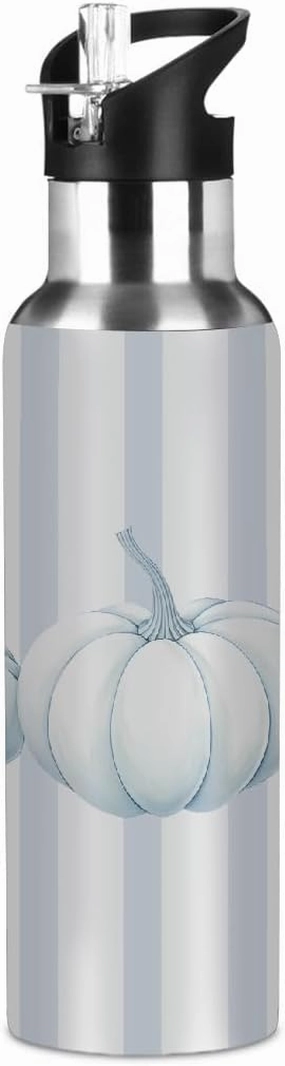 Water Bottle Stainless Steel, Thanksgiving Blue Striped Pumpkin Insulated Sports Bottle with Straw, BPA Free Reusable Bottles for Fitness, Travel & Outdoor Activities