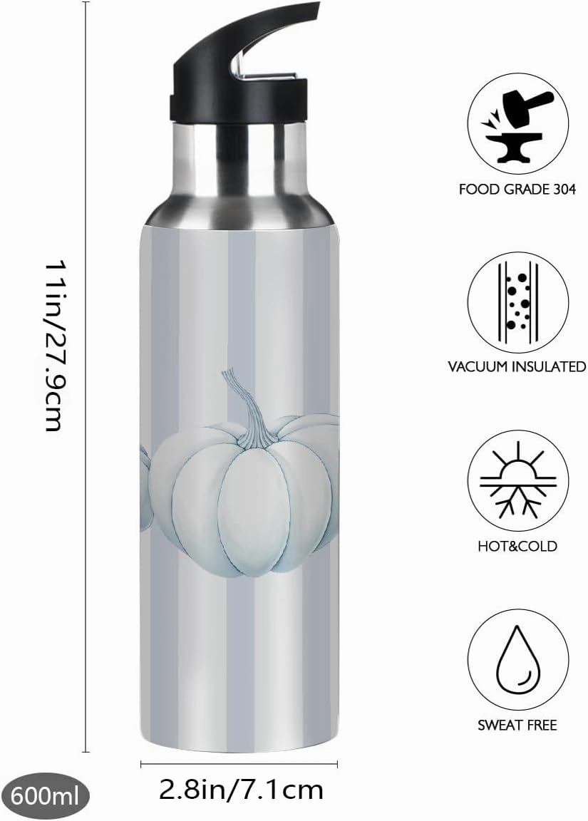 Water Bottle Stainless Steel, Thanksgiving Blue Striped Pumpkin Insulated Sports Bottle with Straw, BPA Free Reusable Bottles for Fitness, Travel & Outdoor Activities