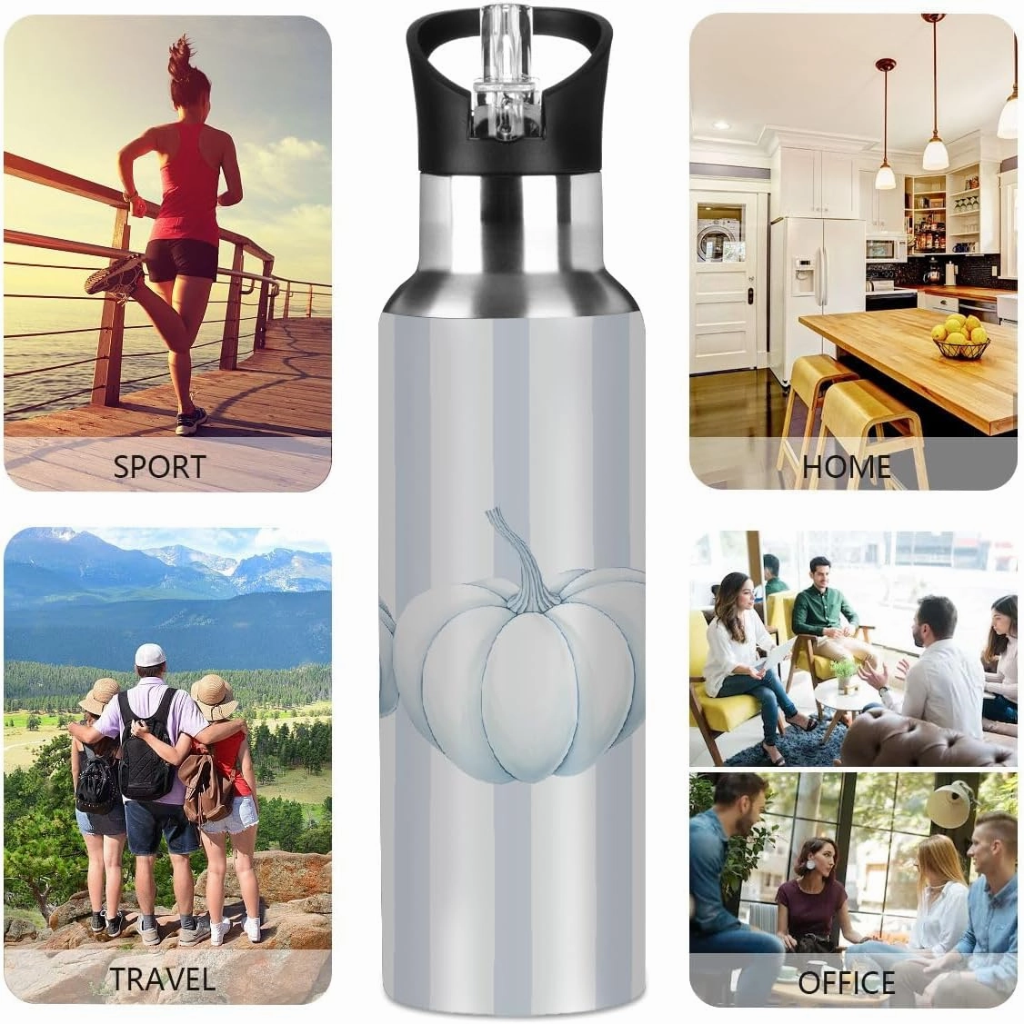 Water Bottle Stainless Steel, Thanksgiving Blue Striped Pumpkin Insulated Sports Bottle with Straw, BPA Free Reusable Bottles for Fitness, Travel & Outdoor Activities