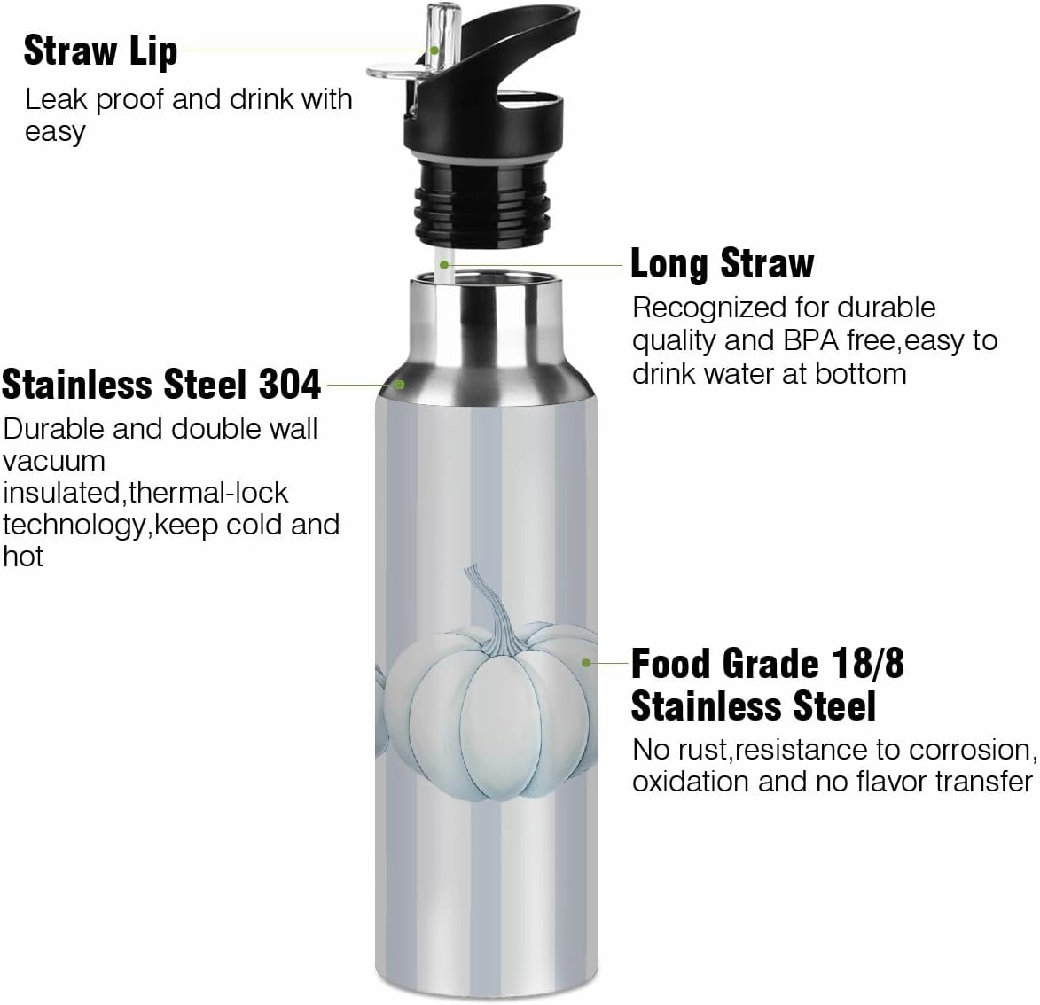 Water Bottle Stainless Steel, Thanksgiving Blue Striped Pumpkin Insulated Sports Bottle with Straw, BPA Free Reusable Bottles for Fitness, Travel & Outdoor Activities