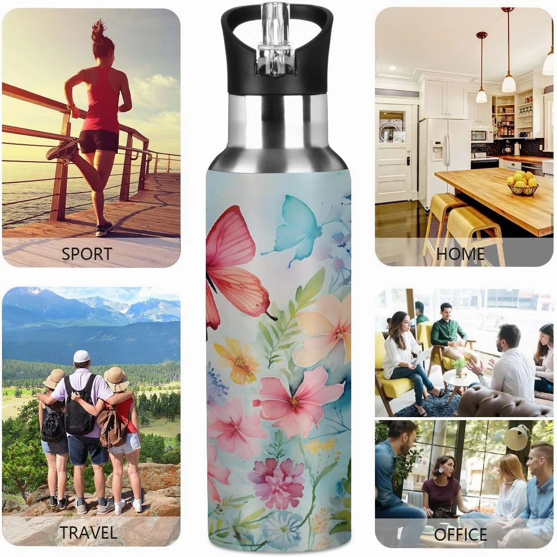 Water Bottle Stainless Steel, Vibrant Butterfly Flower Insulated Sports Bottle with Straw, BPA Free Reusable Bottles for Fitness, Travel & Outdoor Activities