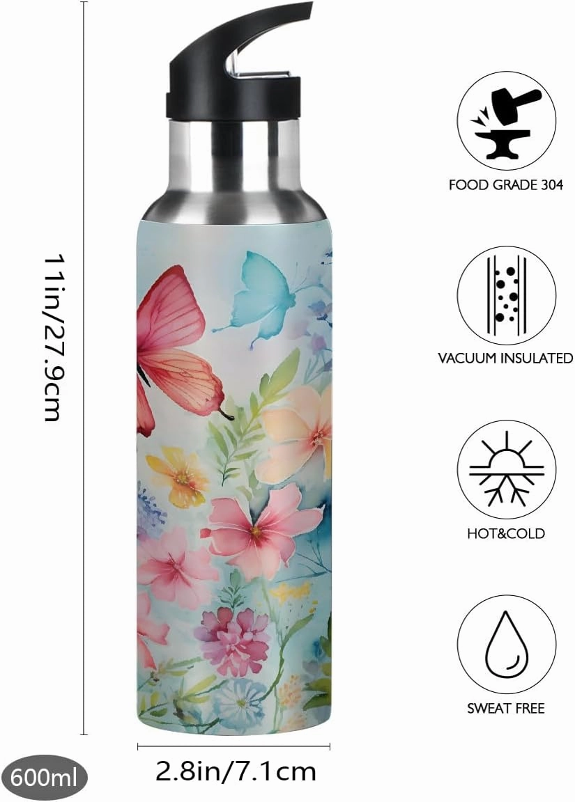 Water Bottle Stainless Steel, Vibrant Butterfly Flower Insulated Sports Bottle with Straw, BPA Free Reusable Bottles for Fitness, Travel & Outdoor Activities