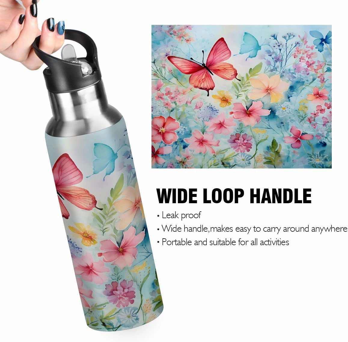 Water Bottle Stainless Steel, Vibrant Butterfly Flower Insulated Sports Bottle with Straw, BPA Free Reusable Bottles for Fitness, Travel & Outdoor Activities