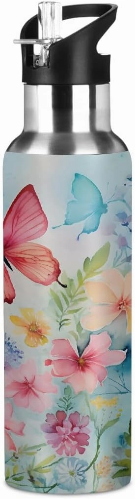 Water Bottle Stainless Steel, Vibrant Butterfly Flower Insulated Sports Bottle with Straw, BPA Free Reusable Bottles for Fitness, Travel & Outdoor Activities