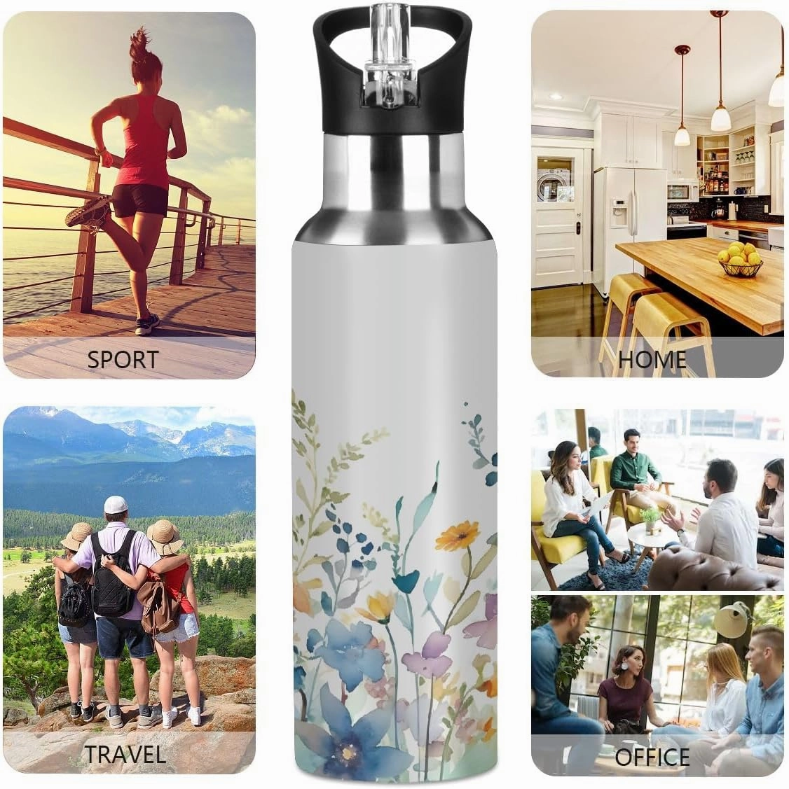 Water Bottle Stainless Steel, Watercolor Spring Daisy Insulated Sports Bottle with Straw, BPA Free Reusable Bottles for Fitness, Travel & Outdoor Activities