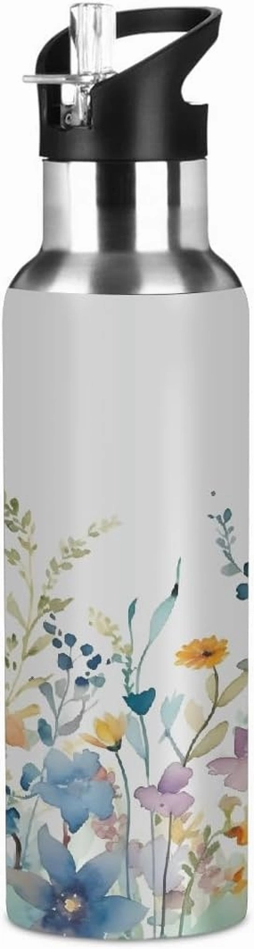 Water Bottle Stainless Steel, Watercolor Spring Daisy Insulated Sports Bottle with Straw, BPA Free Reusable Bottles for Fitness, Travel & Outdoor Activities