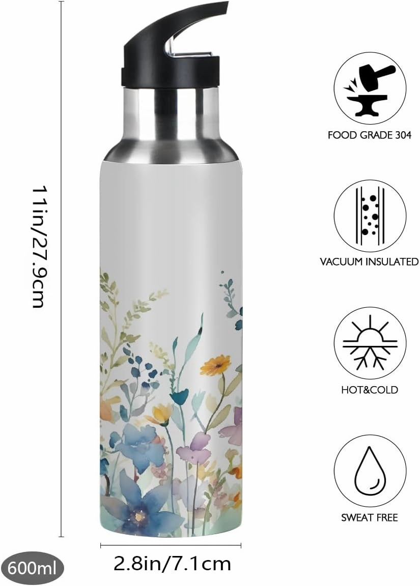 Water Bottle Stainless Steel, Watercolor Spring Daisy Insulated Sports Bottle with Straw, BPA Free Reusable Bottles for Fitness, Travel & Outdoor Activities