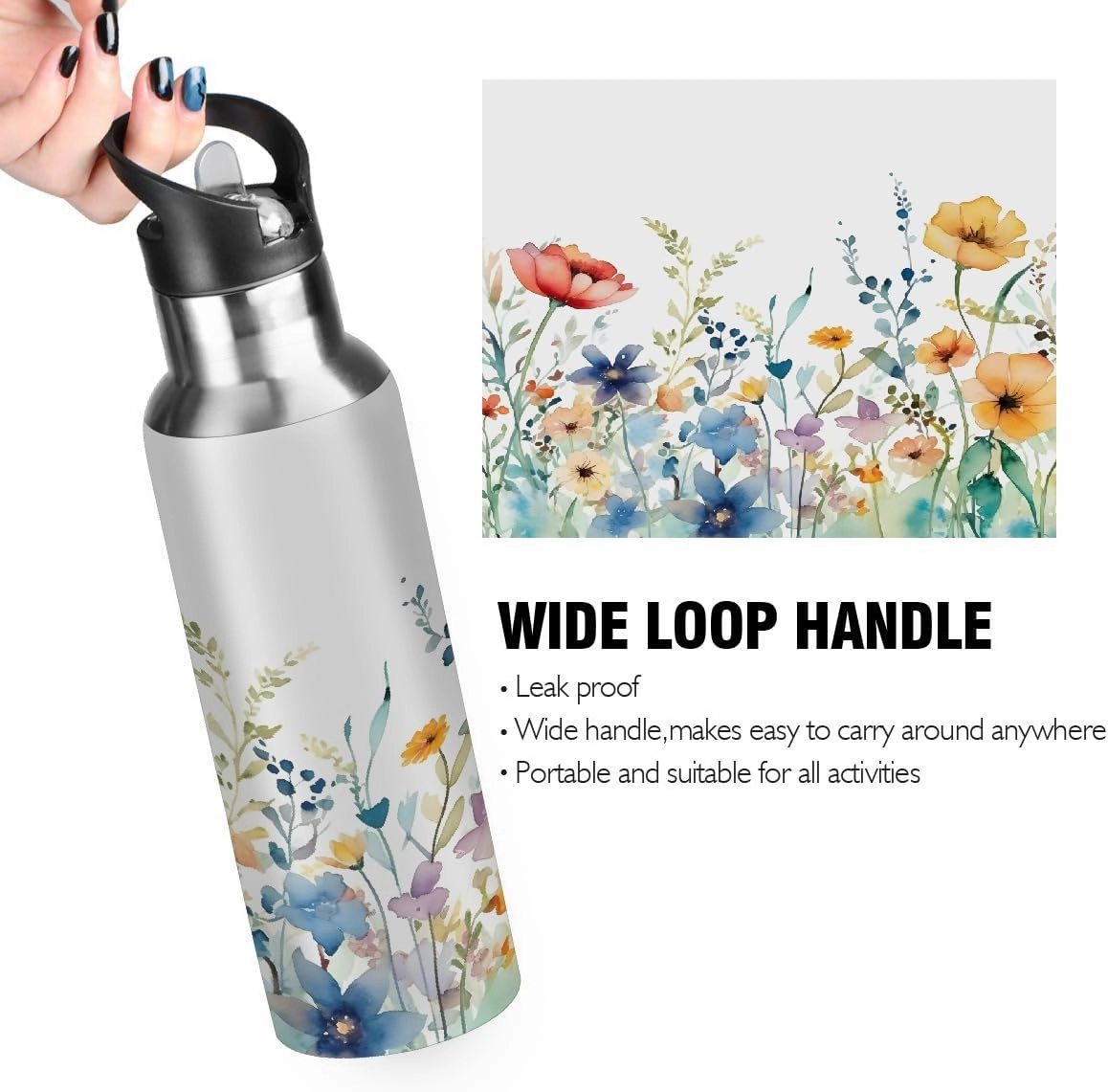 Water Bottle Stainless Steel, Watercolor Spring Daisy Insulated Sports Bottle with Straw, BPA Free Reusable Bottles for Fitness, Travel & Outdoor Activities