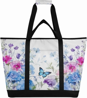 Watercolor Flowers Butterflies Reusable Insulated Lunchbox Cooler Bag, Leakproof Kitchen Grocery Bag Collapsible Portable Cooler Tote Bag for Picnic, Camping, Office, Travel