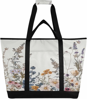 Watercolor Wildflowers Reusable Insulated Lunchbox Cooler Bag, Leakproof Kitchen Grocery Bag Collapsible Portable Cooler Tote Bag for Picnic, Camping, Office, Travel