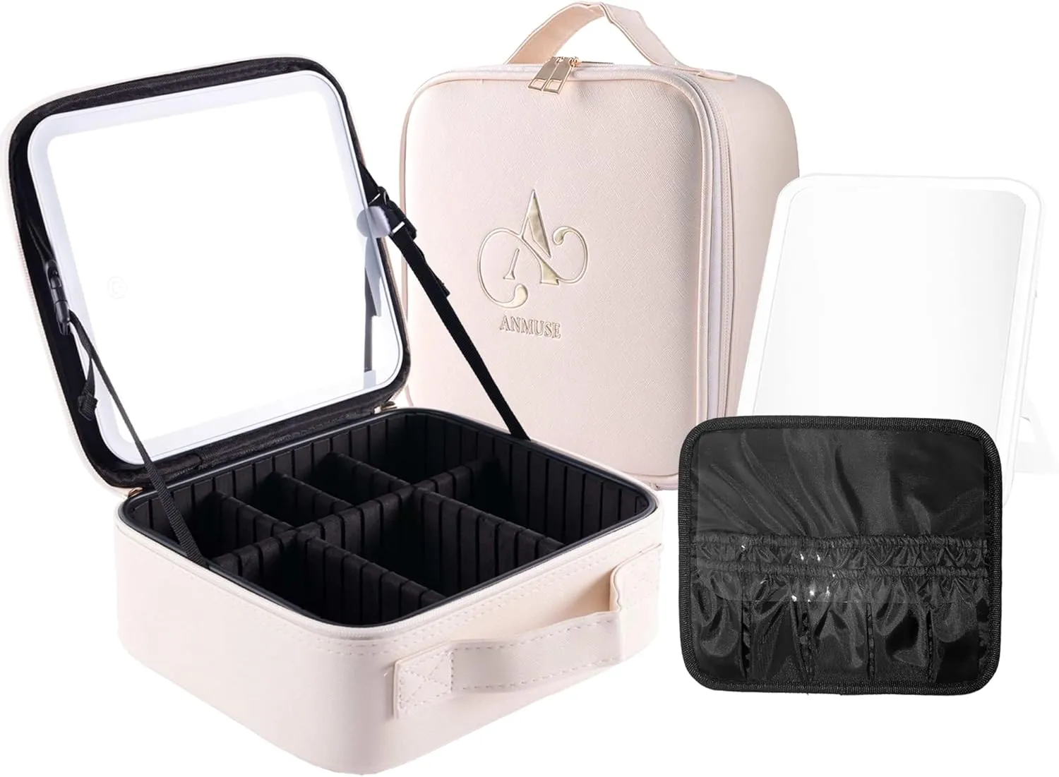 Waterproof Makeup Bag with LED Mirror - Travel Makeup Organizer, Lighted Case, Portable Artist Organizer Bag with Adjustable Dividers, Makeup Brush Holder - Ivory White