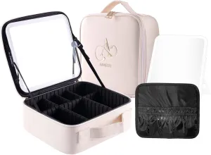 Waterproof Makeup Bag with LED Mirror - Travel Makeup Organizer, Lighted Case, Portable Artist Organizer Bag with Adjustable Dividers, Makeup Brush Holder - Ivory White
