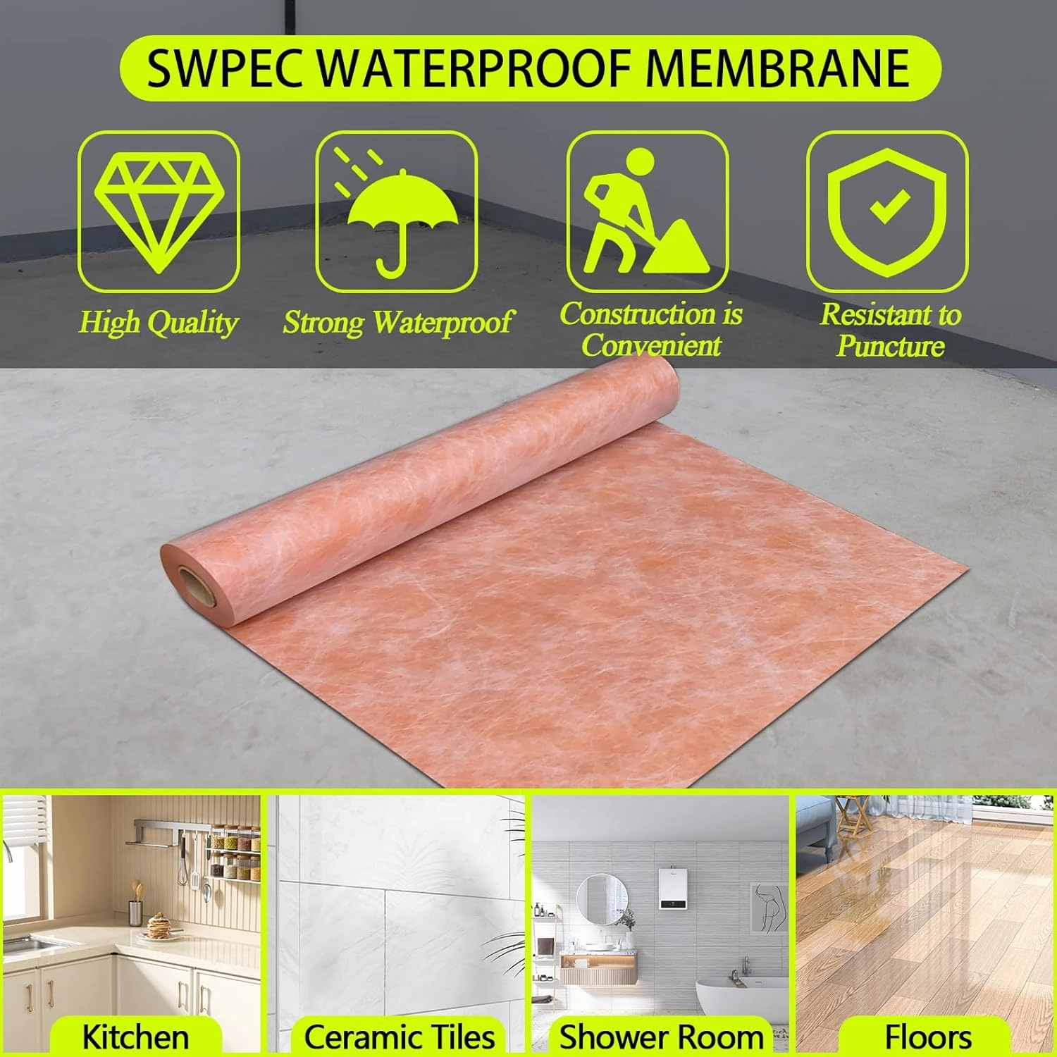 Waterproof Membrane 23.6mils/0.6mm Thickness 3.3x98.4’/ 323 Sq Ft Tile Underlayment Waterproofing Membrane PE Fabric for Shower Walls, Bathroom Floors, Sauna Room, Roof Polyethylene Fabric Roll Roof