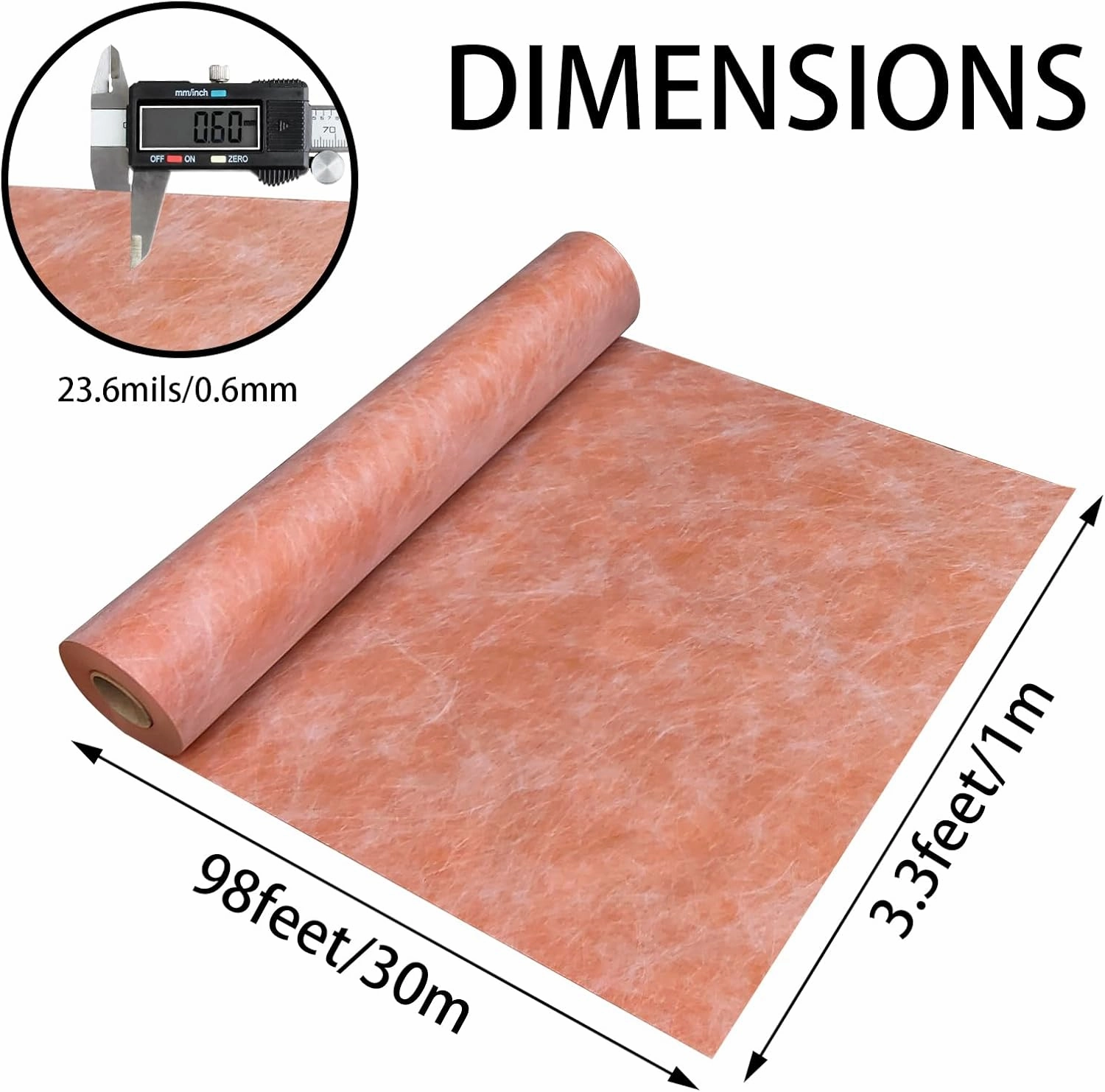 Waterproof Membrane 23.6mils/0.6mm Thickness 3.3x98.4’/ 323 Sq Ft Tile Underlayment Waterproofing Membrane PE Fabric for Shower Walls, Bathroom Floors, Sauna Room, Roof Polyethylene Fabric Roll Roof